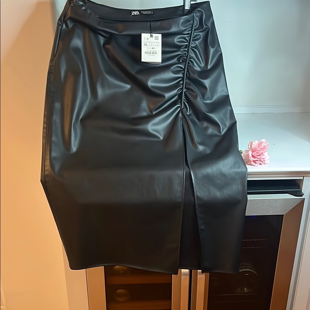 Zara Black Asymmetrical Ruched Midi Skirt